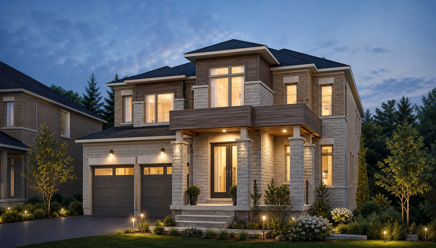 Conceptual twilight exterior rendering with warm interior lighting