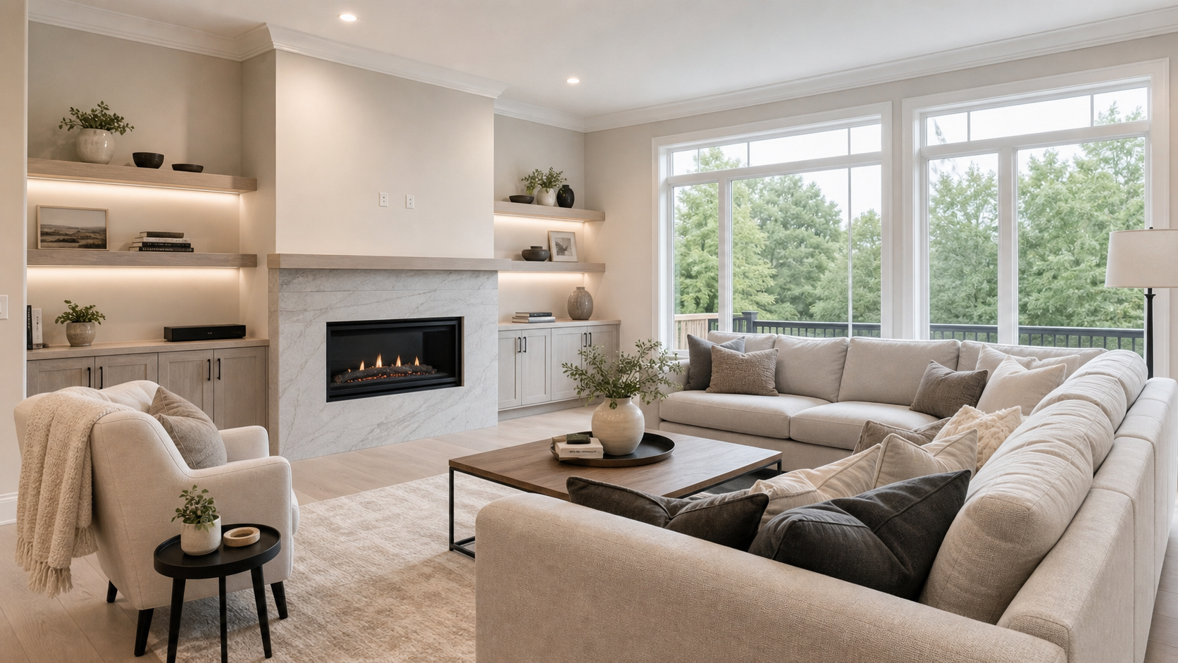 Conceptual family room rendering with fireplace and large windows